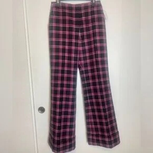 $695 SMYTHE High-Waisted Wool Plaid Cuffed PINK AND Black pants Trousers NWOT - Picture 1 of 8